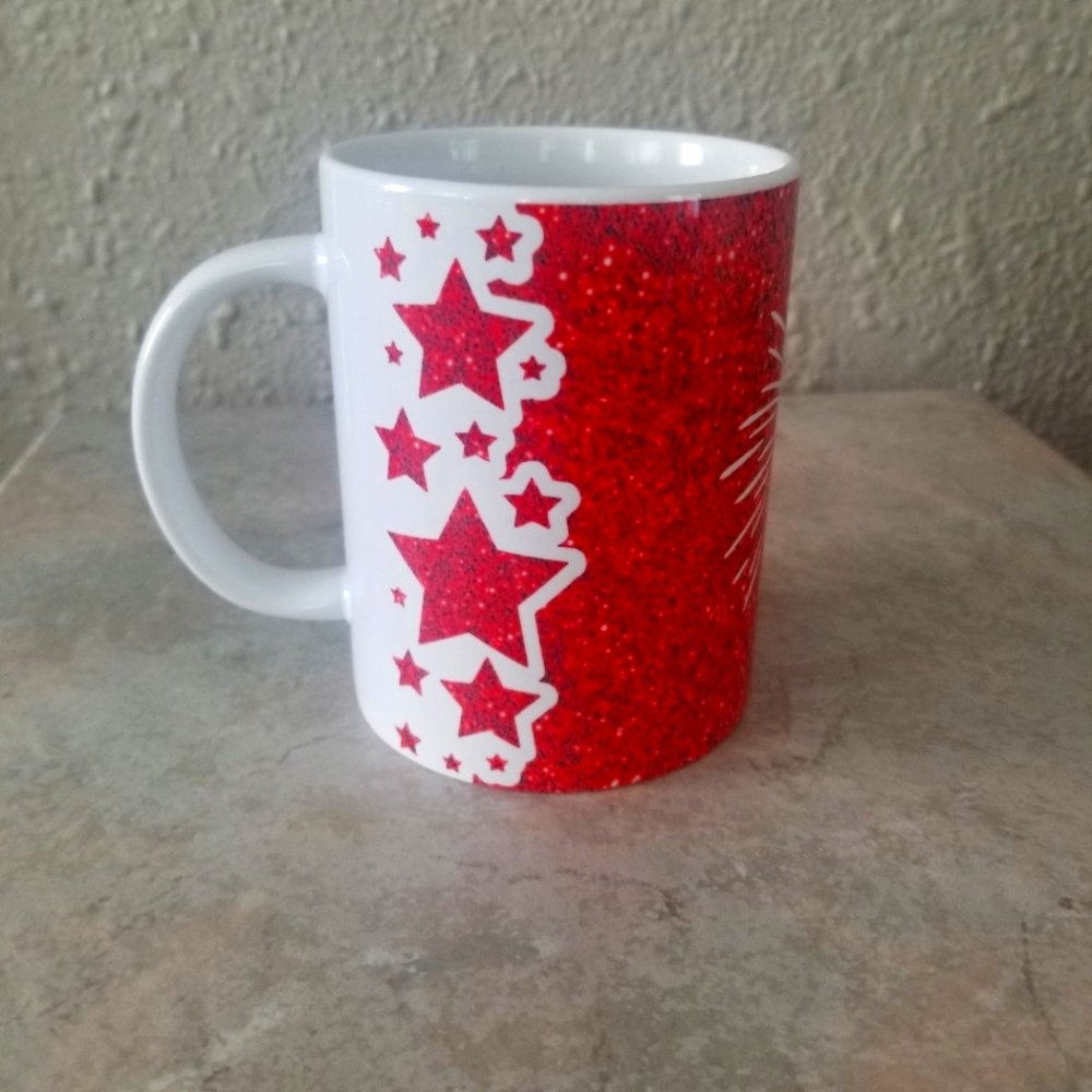 New custom made 15 oz. Mug white with red stars and firework design